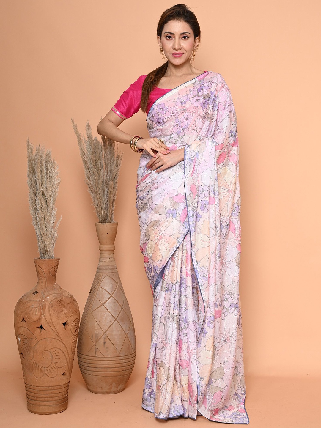 

BEATITUDE Floral Organza Saree, Pink