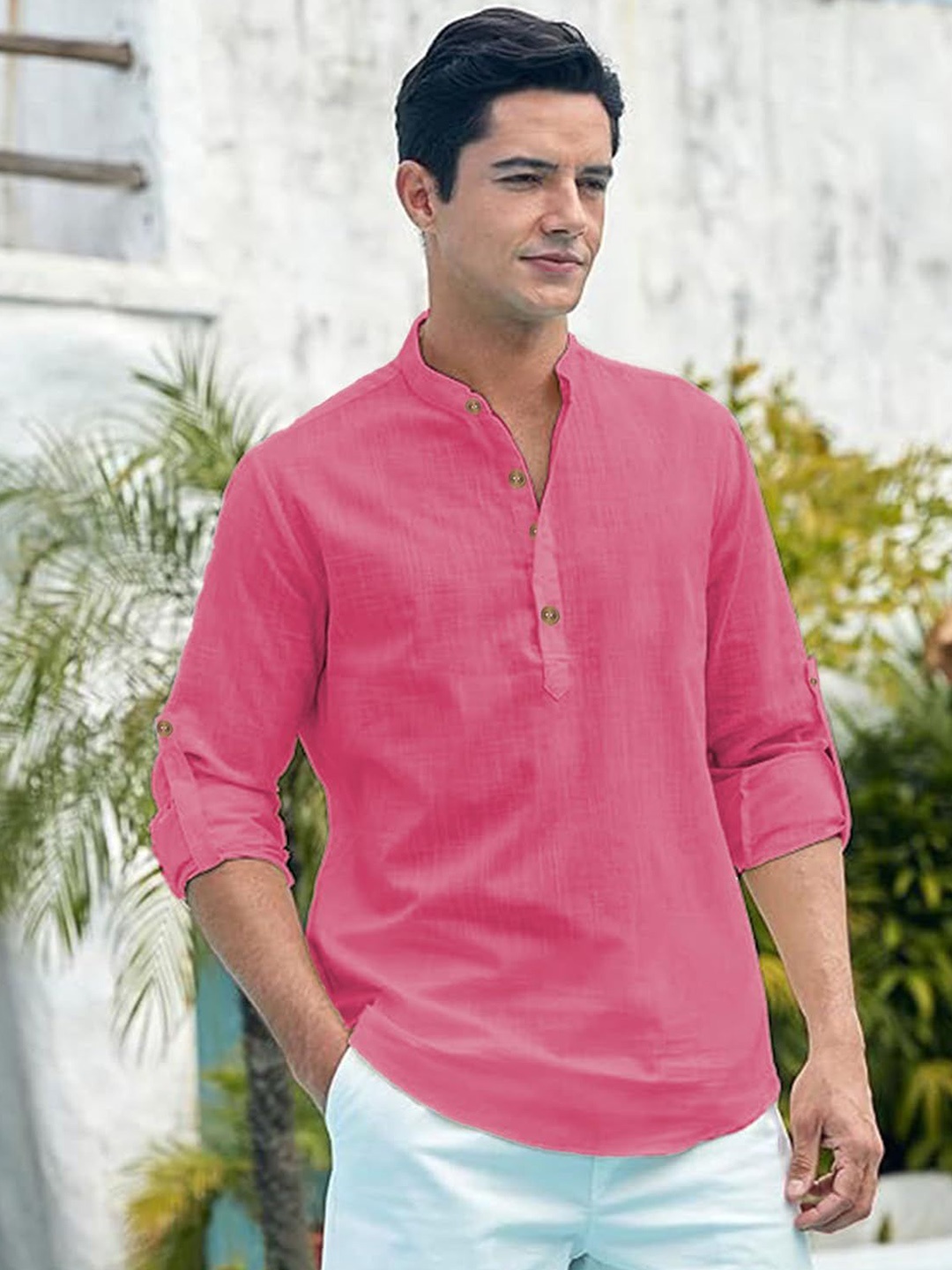 

Vida Loca Slim Fit Band Collar Cotton Short Kurta, Pink