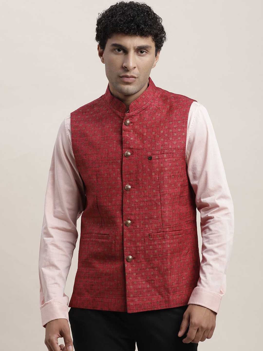 

Turtle Men Printed Nehru Formal Jacket, Red