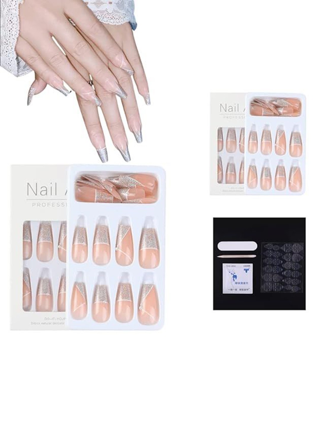 

Coslifestore 24-Pcs Press On Ready To Use Acrylic Gel Nails - Glitter Coffin French 7, Nude