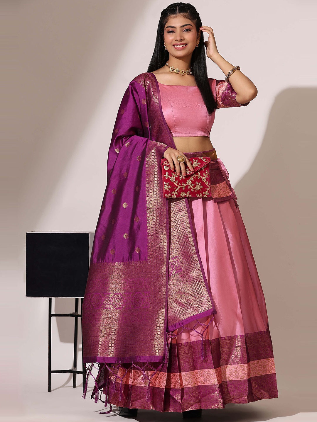 

Fabcartz Semi Stitched Lehenga & Unstitched Blouse With Dupatta, Pink