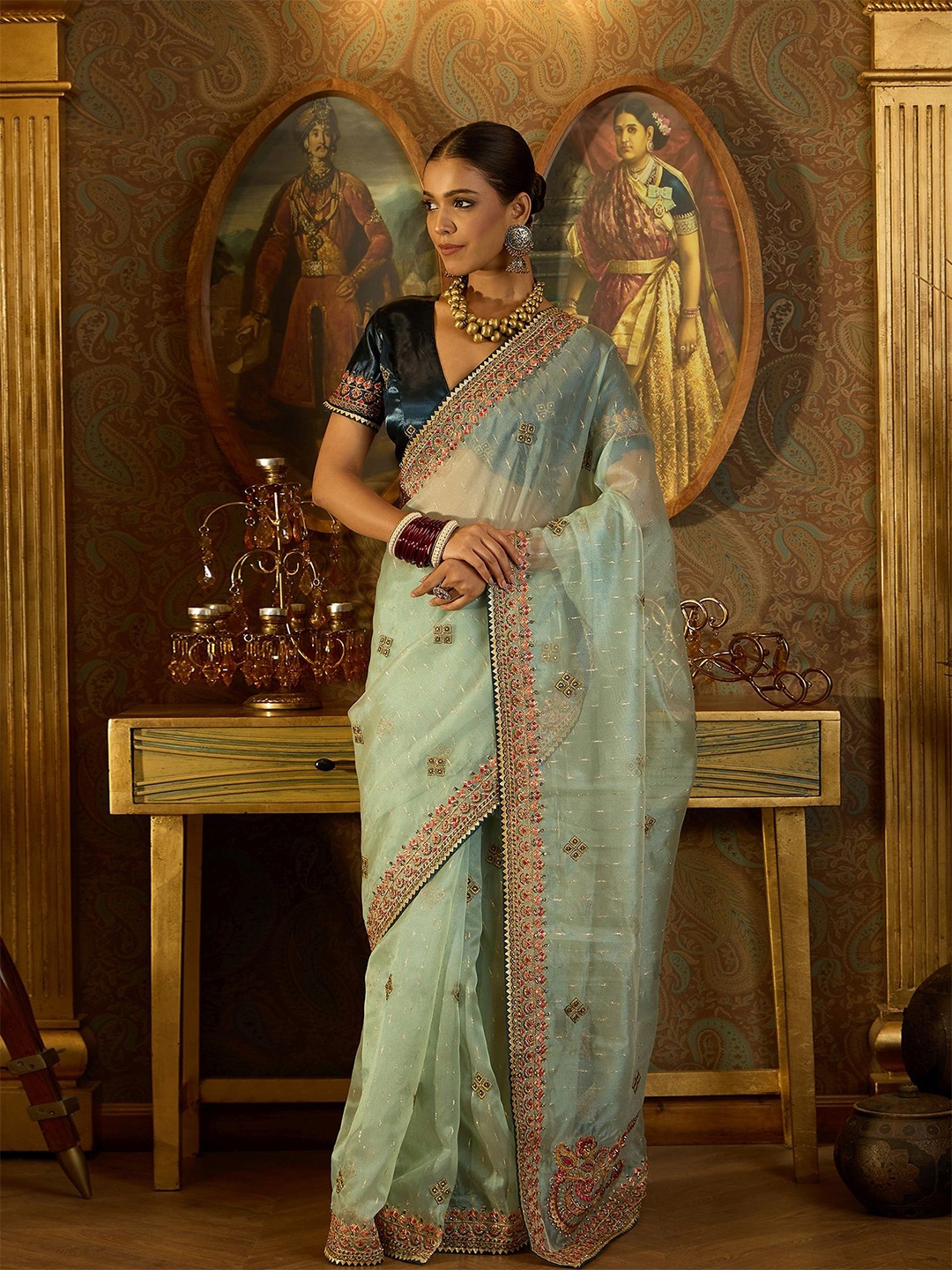

Dori Floral Embroidered Banarasi Saree, Sea green
