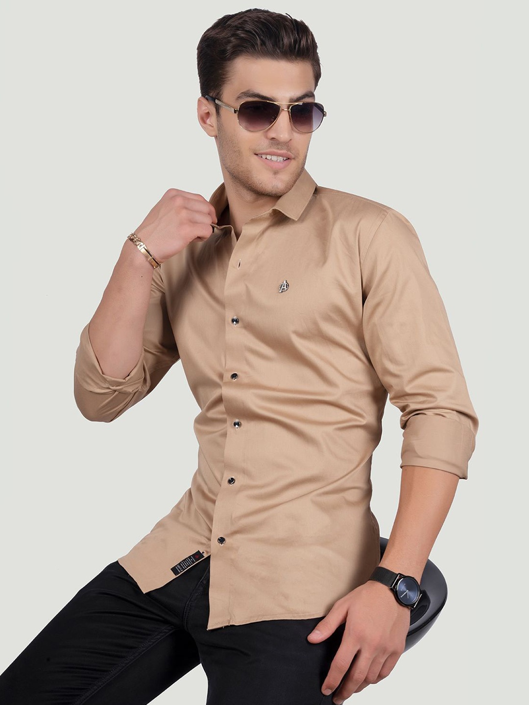 

ALMATY Men Comfort Spread Collar Solid Cotton Slim Fit Party Shirt, Beige