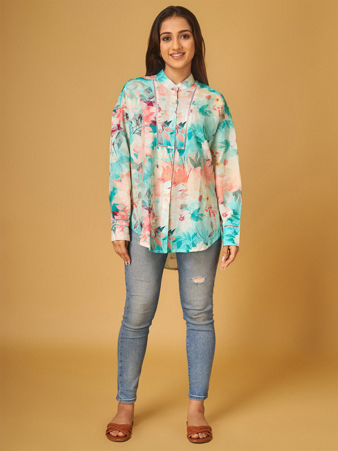 

Maisolos Women Band Collar Floral Printed Cotton Linen Relaxed Fit Casual Shirt, Multi