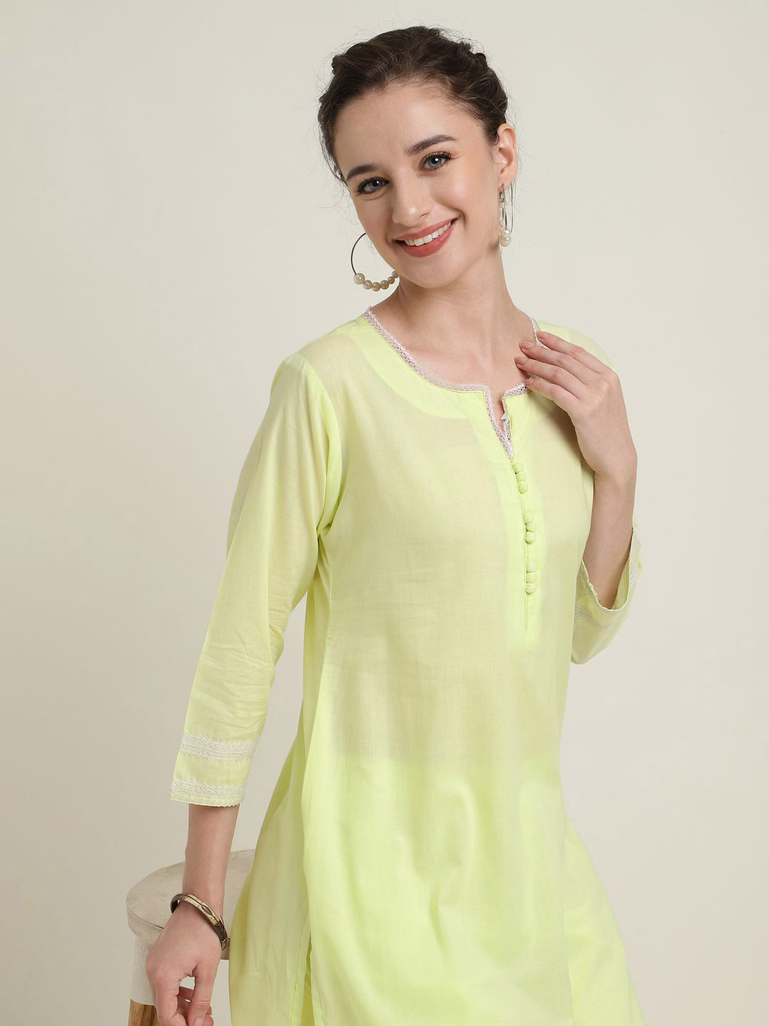 

ZARI Notch Neck Thread Work Straight Kurta with Trousers, Yellow