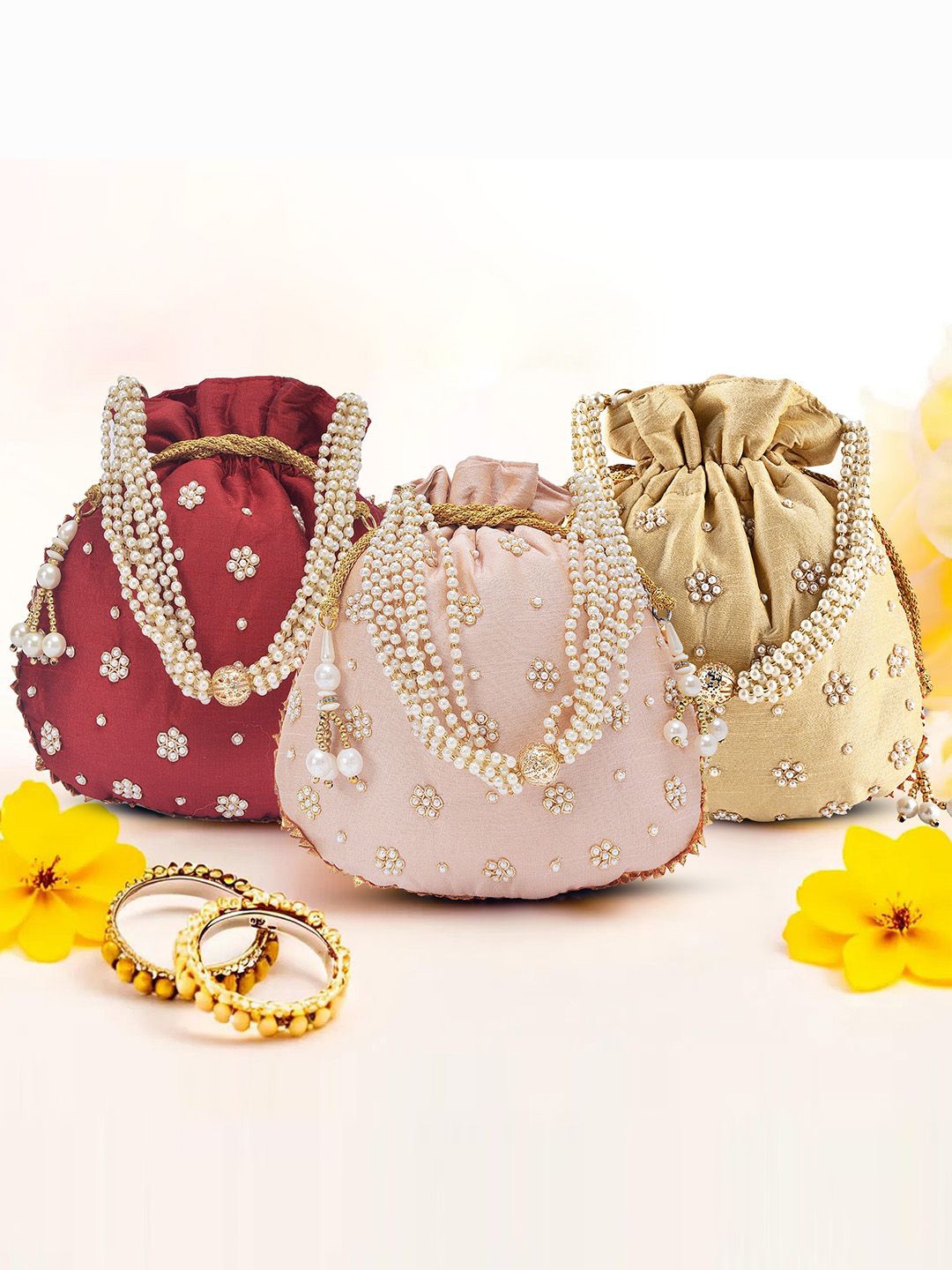 

Kuber Industries Set Of 3 Embroidered Potli Clutches, Gold