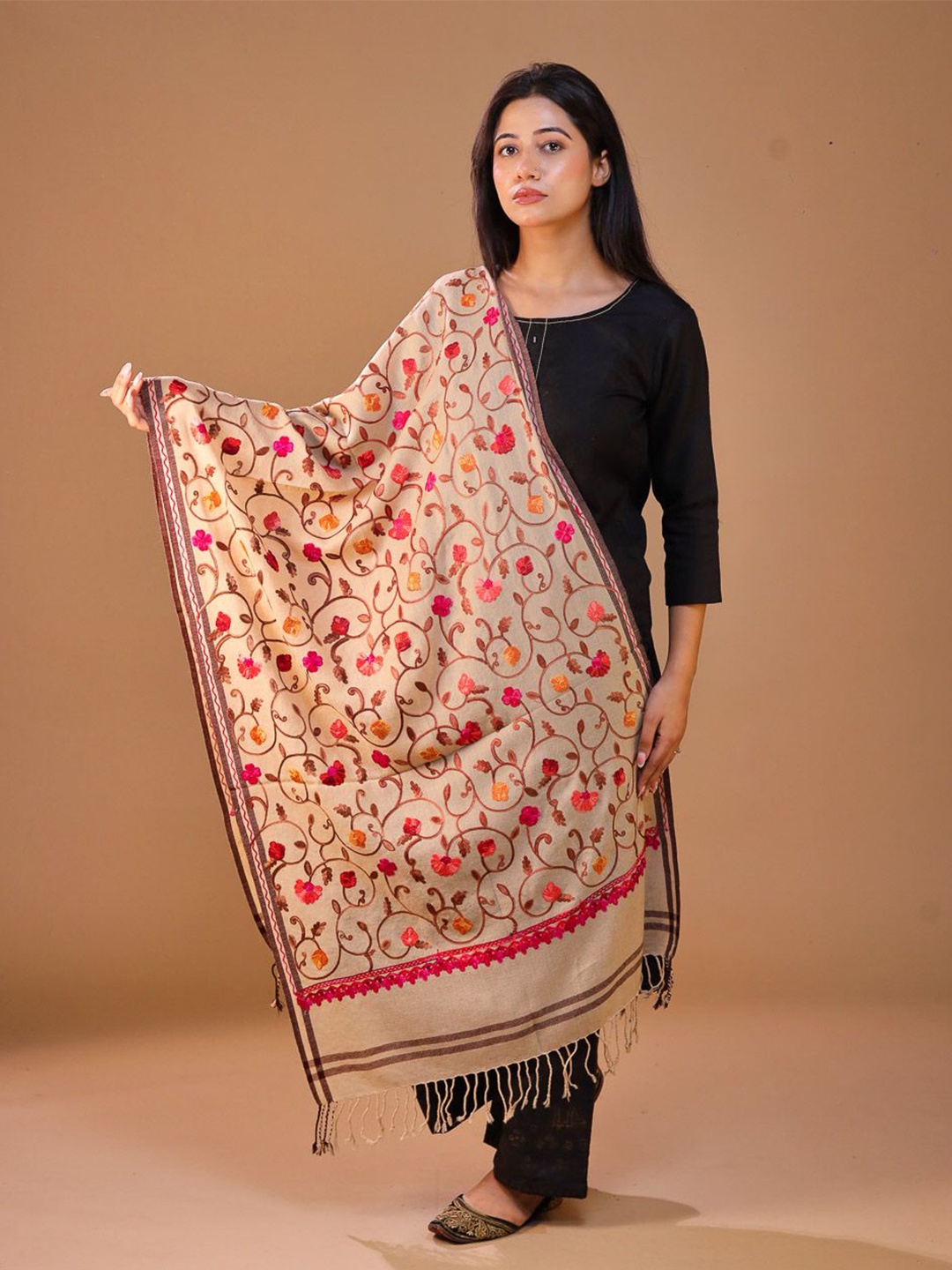 

SWI Stylish Women Embroidered Wool Stole, Beige
