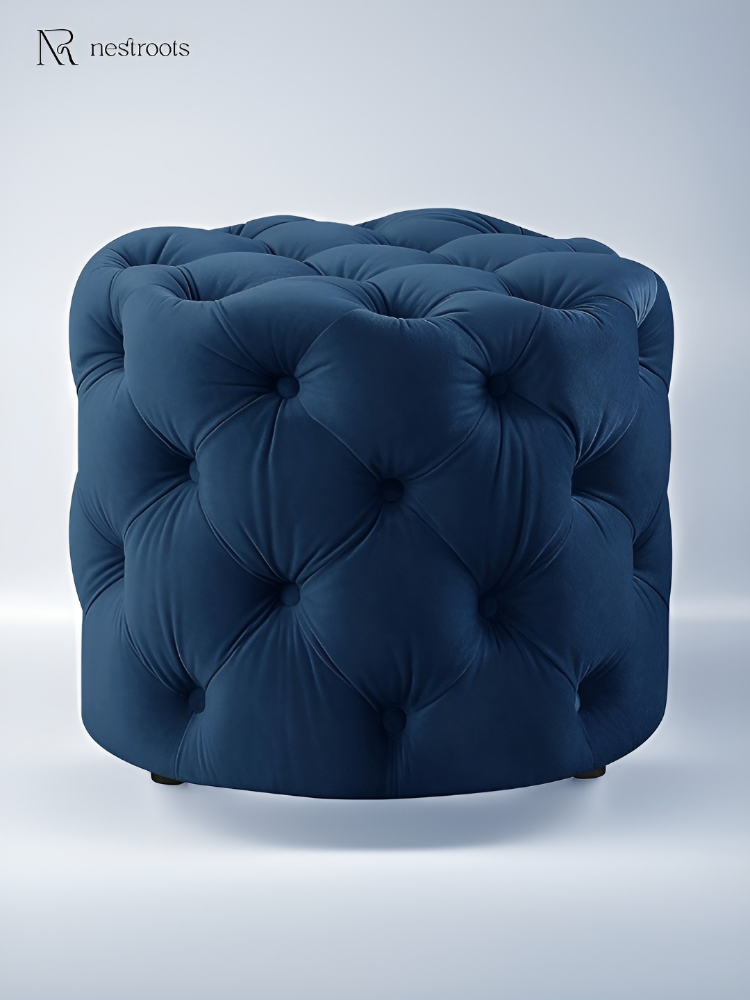 

nestroots Blue Round Shape Wooden Velvet Ottoman