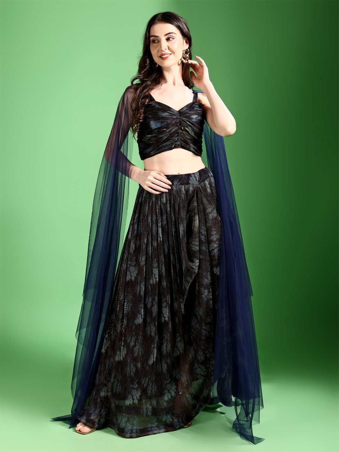 

PURVAJA Printed Ready to Wear Lehenga & Unstitched Blouse With Attached Dupatta, Navy blue