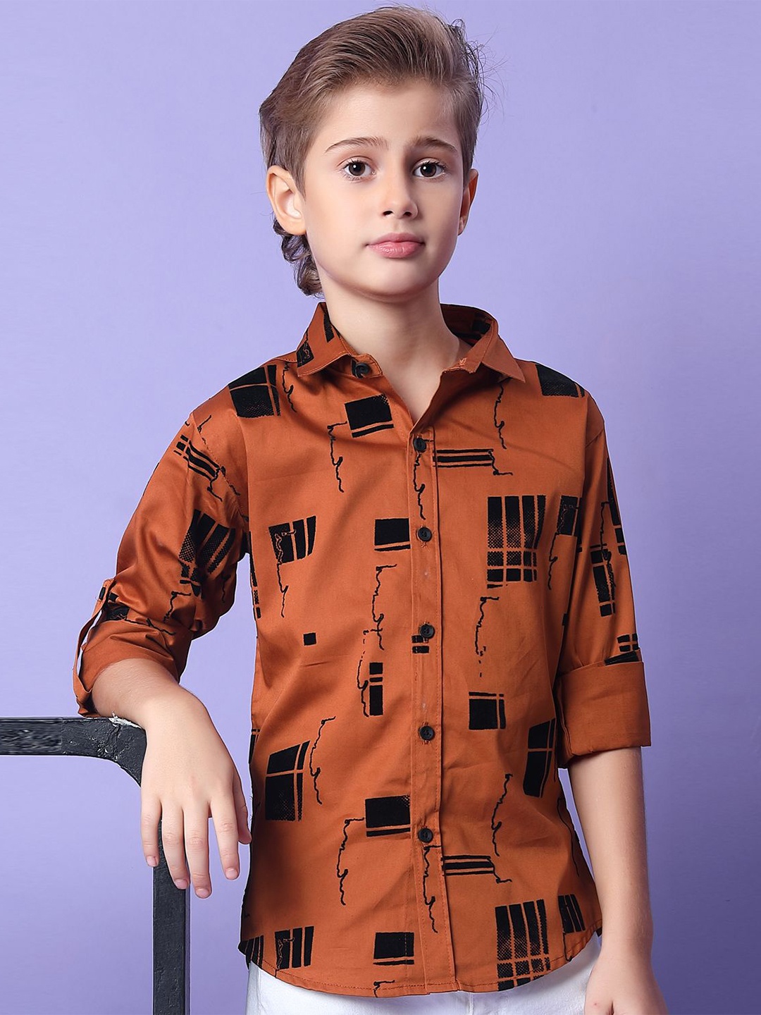 

MashUp Boys Classic Spread Collar Geometric Printed Cotton Formal Shirt, Rust