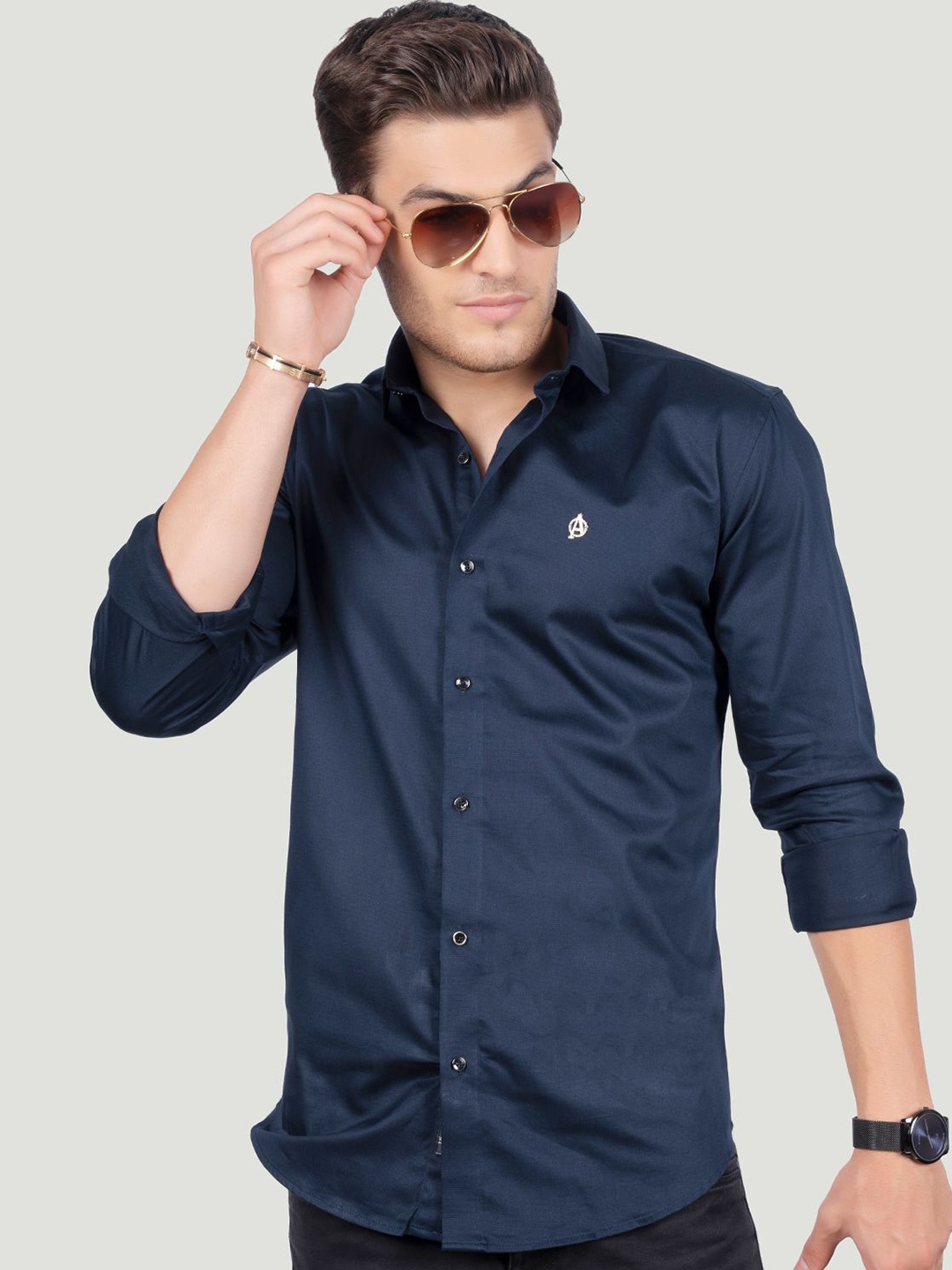 

ALMATY Men Comfort Spread Collar Solid Cotton Slim Fit Party Shirt, Navy blue