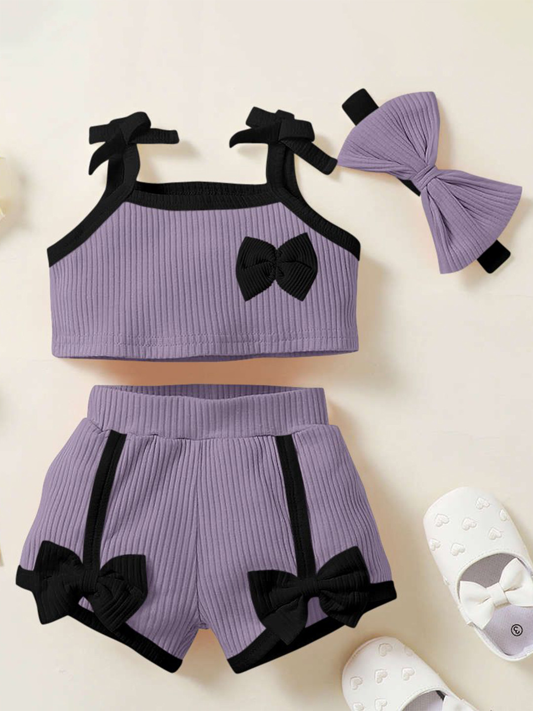 

Emblica Kids-Girls Self Design Shoulder Straps Casual T-shirt With Shorts & Bow, Purple
