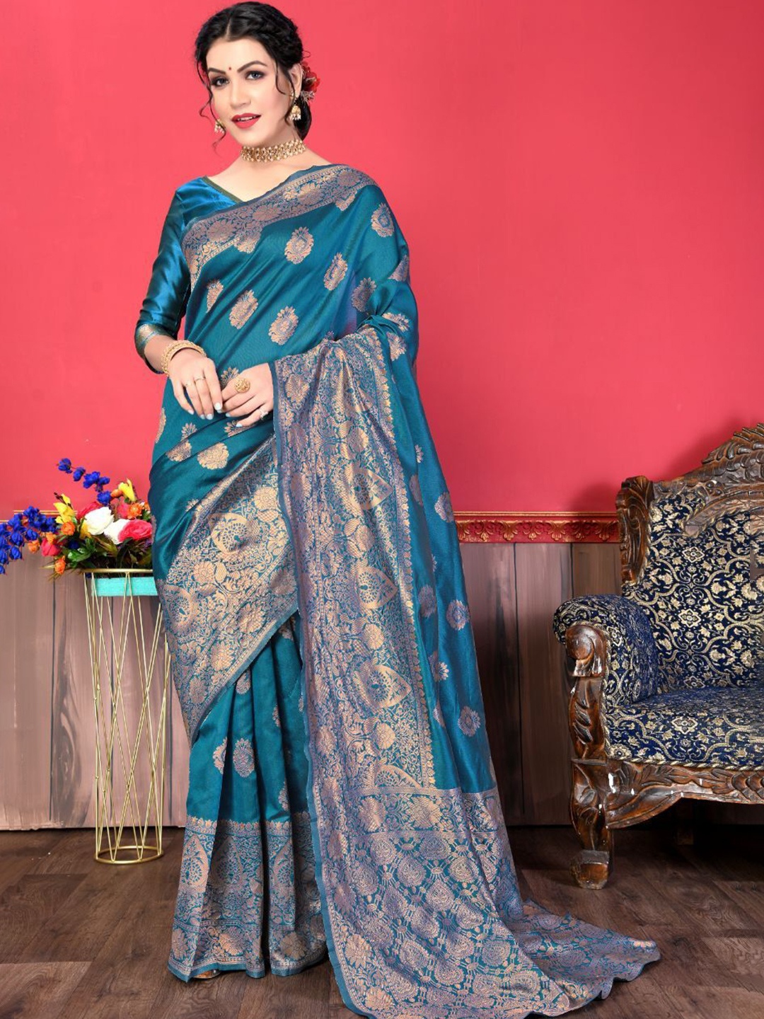 

Quelea Woven Design Zari Pure Silk Banarasi Saree, Teal