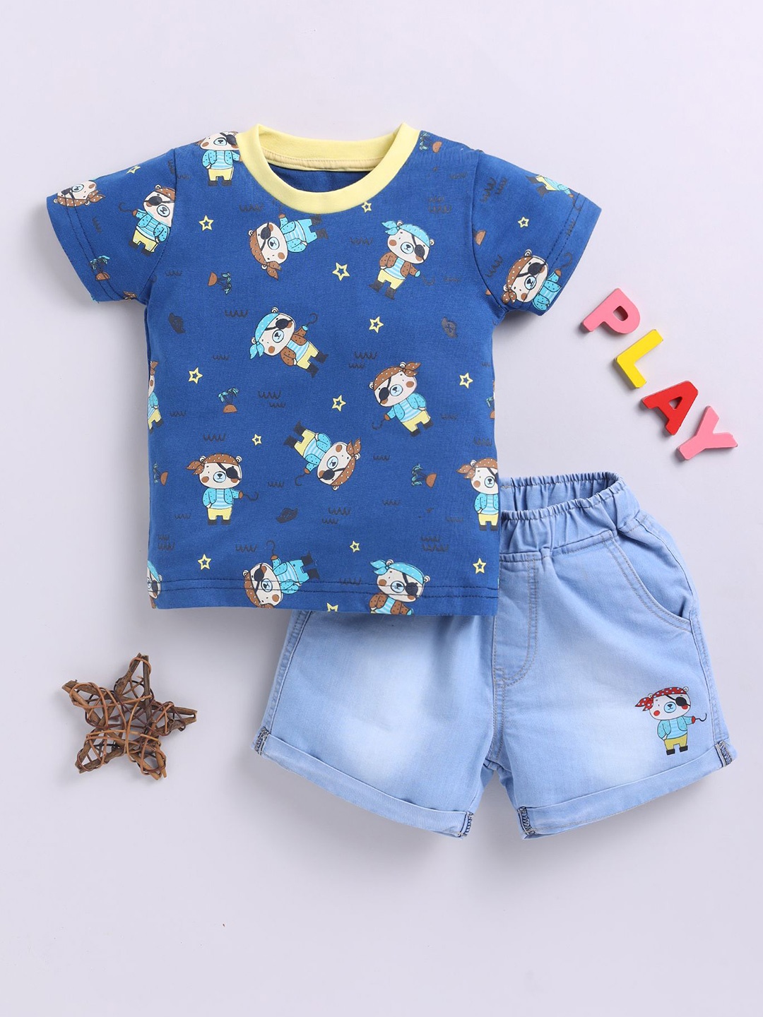 

MIMINO Girls Printed Pure Cotton T-shirt With Shorts, Blue