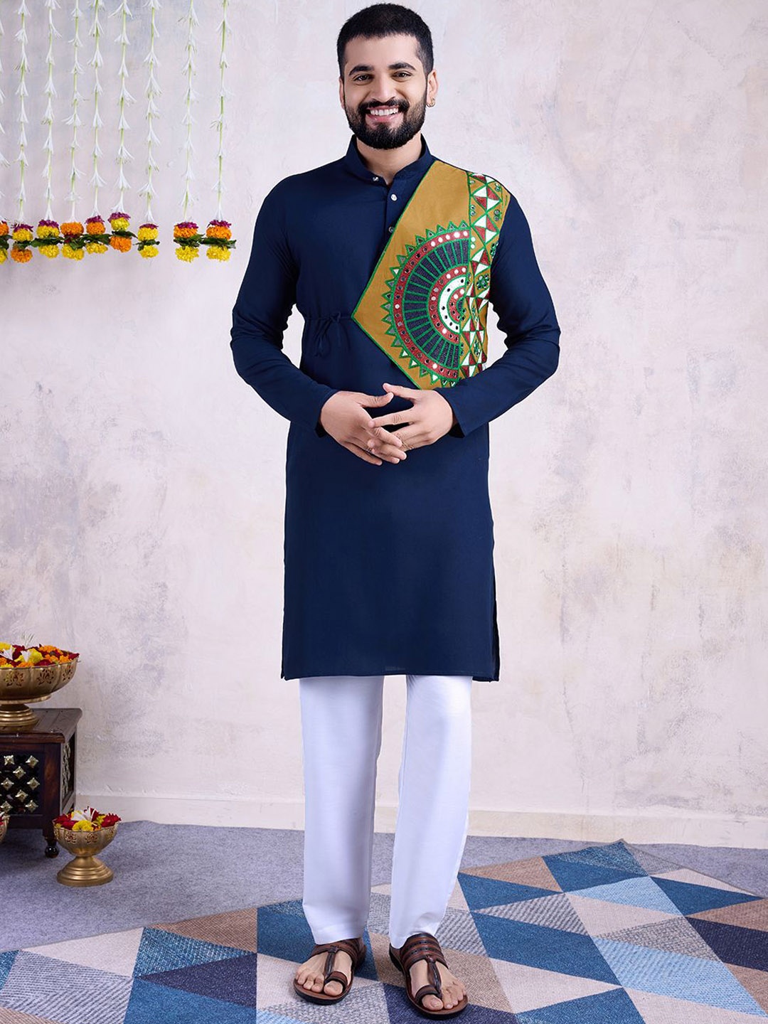 

SHUBHVASTRA Mandarin Collar Mirror Work Designer Kurta, Navy blue