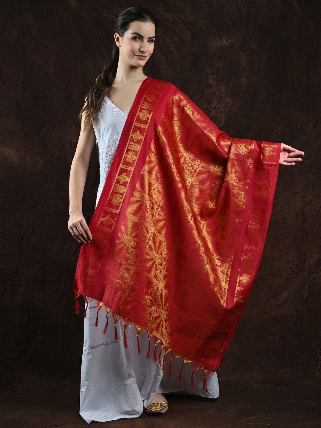 

Exotic India Venkateswar Brocaded Prayer Shawl and Woven Om Namo Venkatesaya Namaha Mantra, Red