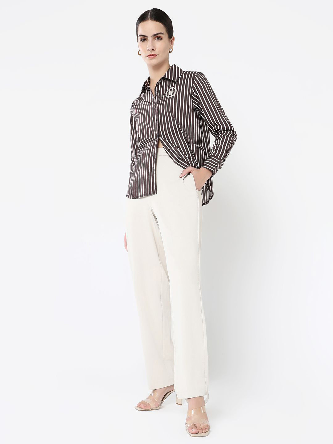 

RAREISM Women Comfort Spread Collar Vertical Striped Cotton Casual Shirt, Brown