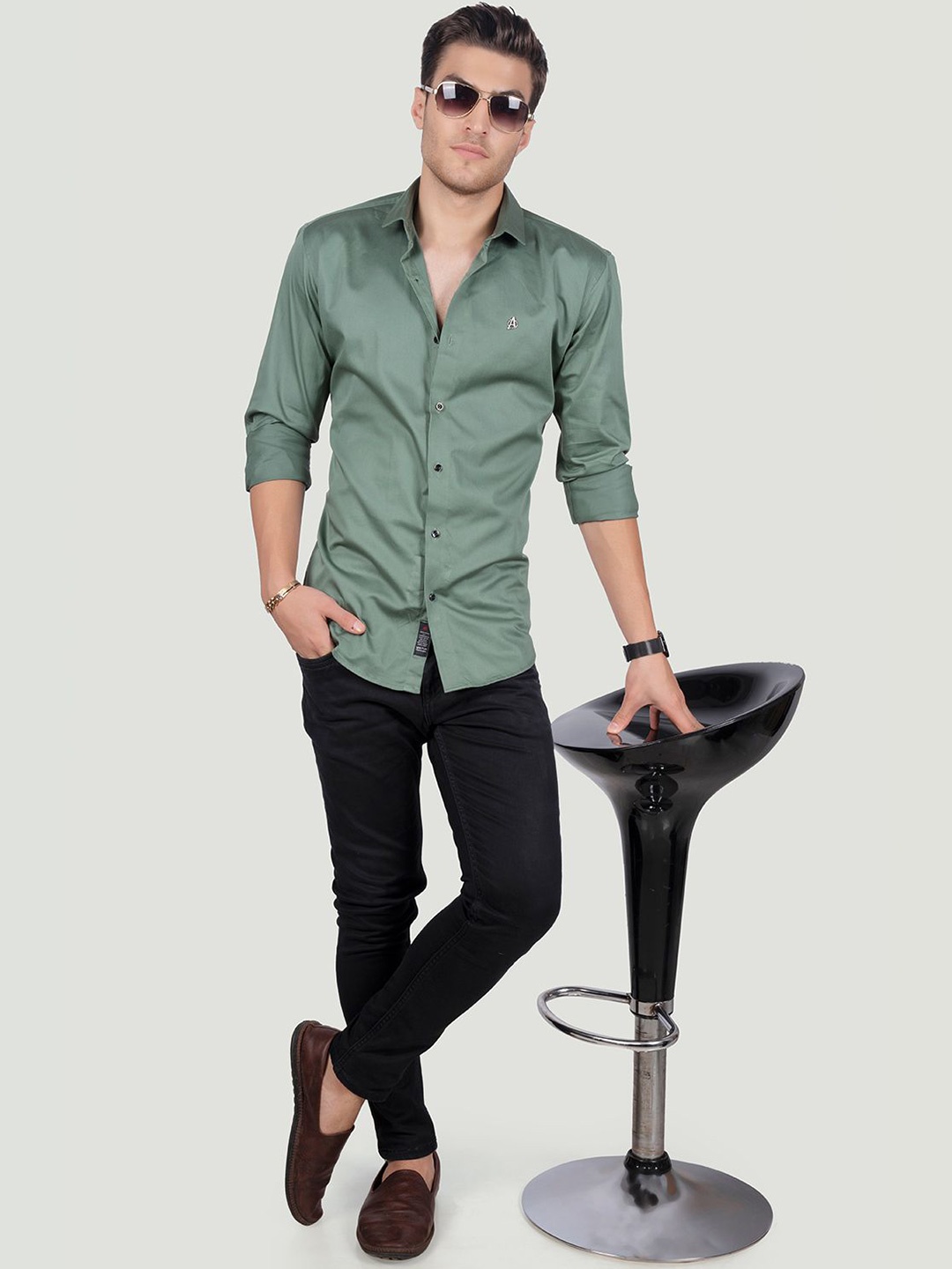 

ALMATY Men Comfort Spread Collar Solid Cotton Slim Fit Party Shirt, Green