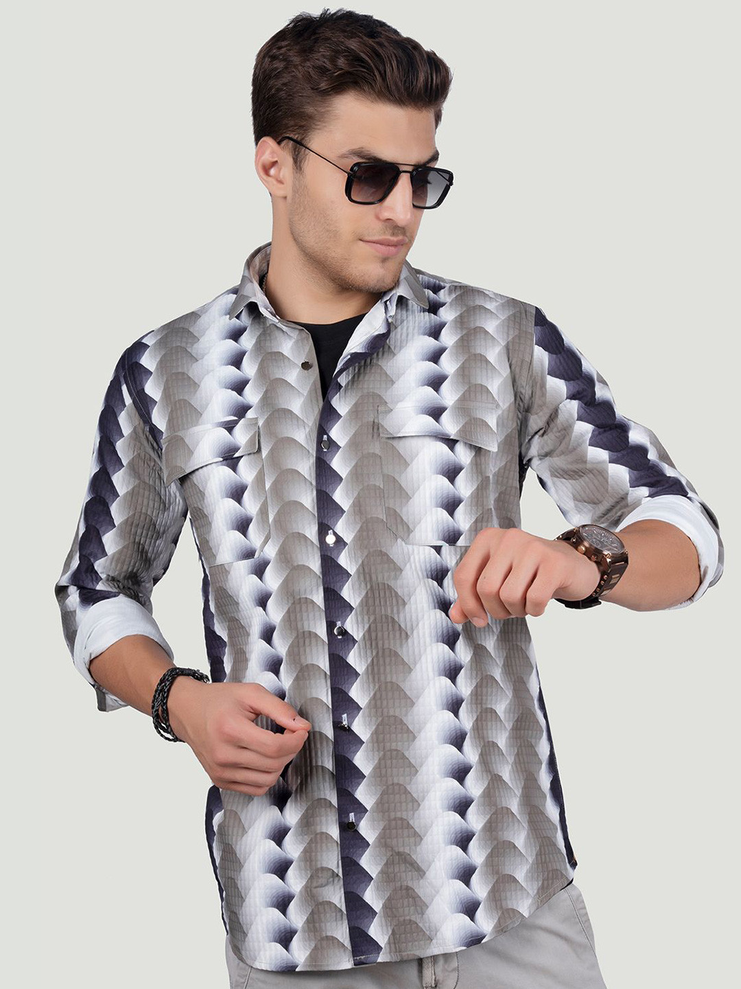 

ALMATY Men Comfort Spread Collar Abstract Printed Cotton Slim Fit Party Shirt, White