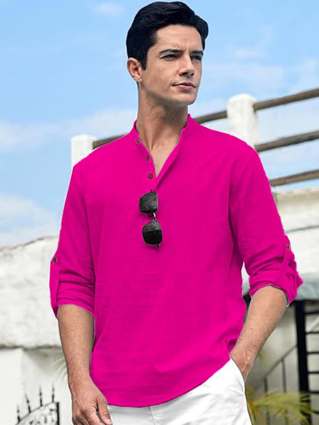 

Vida Loca Mandarin Collar Roll-Up Sleeves Cotton Short Kurta, Pink