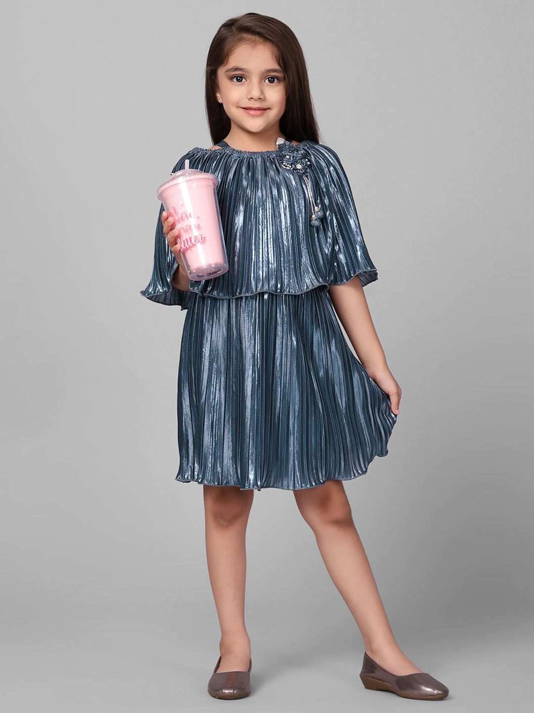 

Macwin Girls Boat Neck Cape Sleeve Satin A-Line Dress, Blue