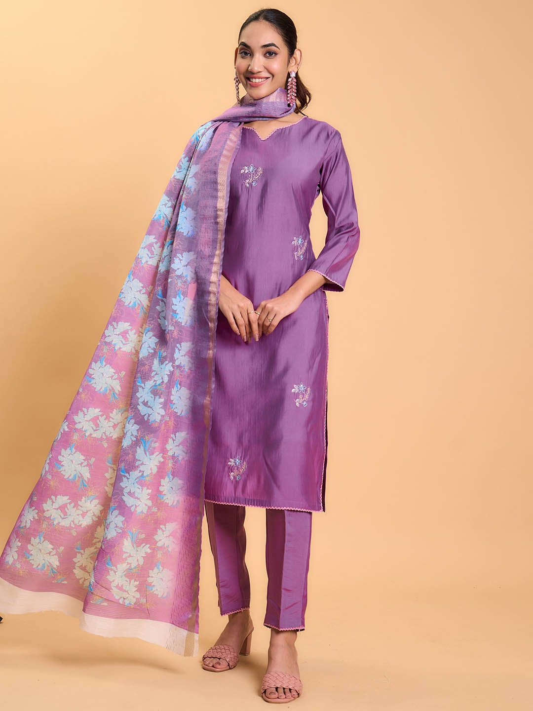 

KALINI Floral Embroidered Notch Neck Chanderi Silk Straight Kurta With Trousers & Dupatta, Lavender