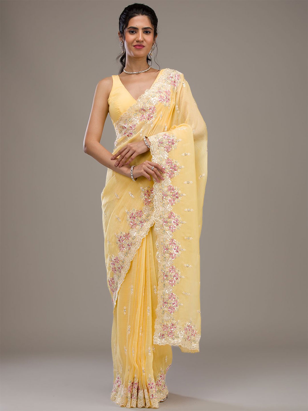 

Koskii Ethnic Motif Embroidered Tissue Saree, Yellow