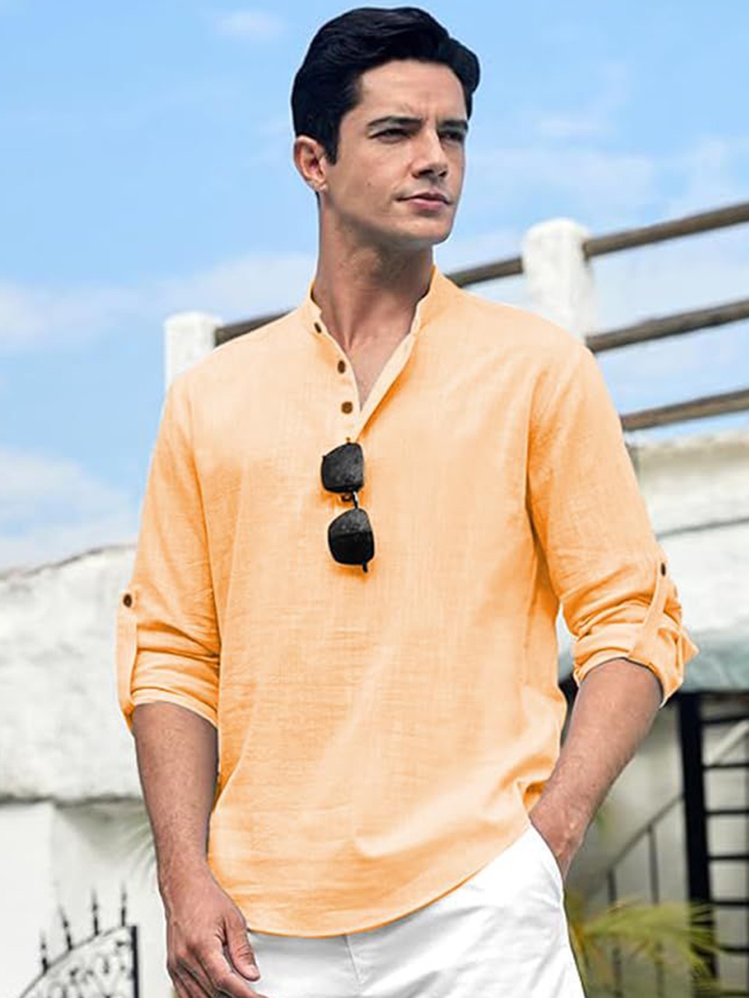 

Vida Loca Slim Fit Mandarin Collar Cotton Straight Short Kurta, Orange
