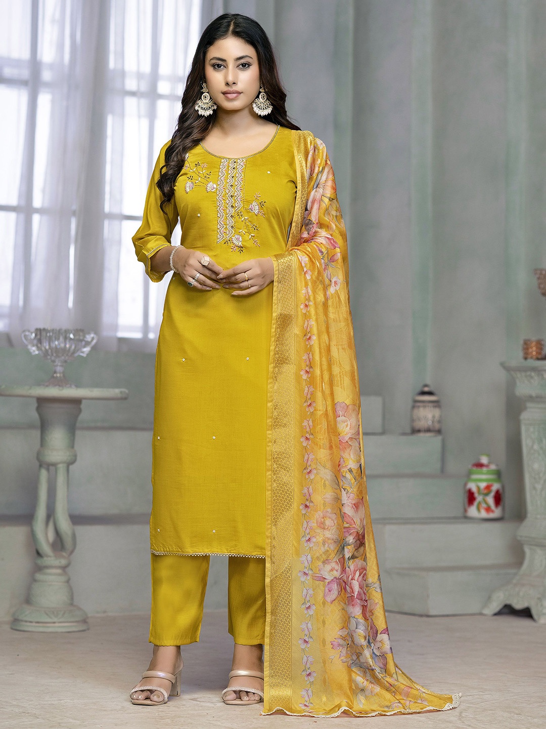 

Maroosh Women Floral Embroidered Round Neck Straight Kurta Sets With Trousers and Dupatta, Yellow