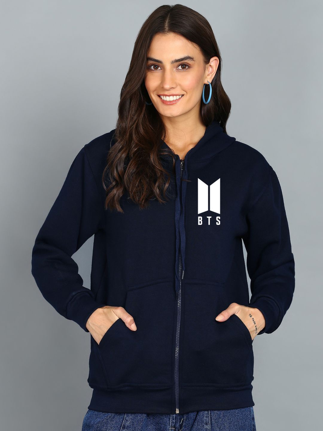 

FALTU.CO Women Printed Hooded Sweatshirt, Navy blue