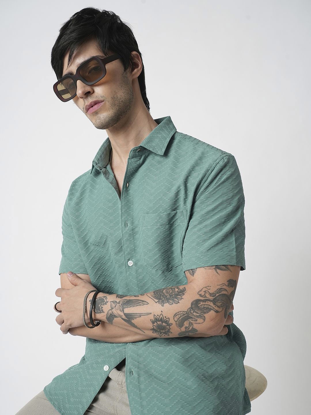 

VASTRADO Men Classic Spread Collar Solid Slim Fit Casual Shirt, Green