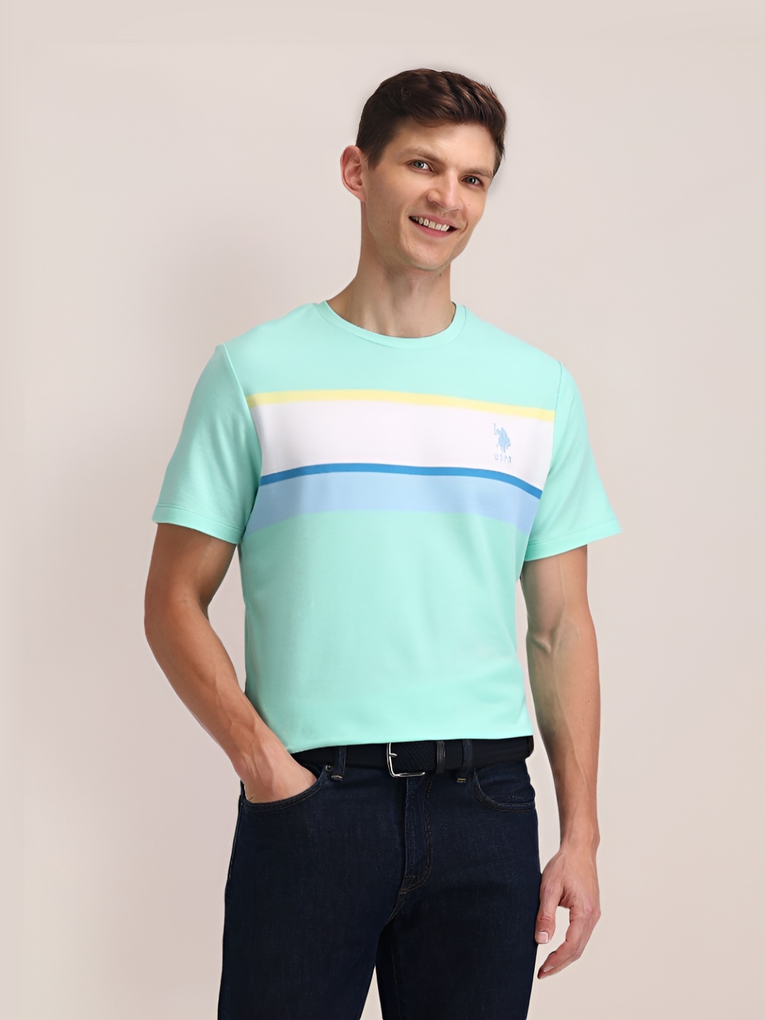 

U.S. Polo Assn. Men Colourblocked Round Neck Cotton Slim Fit T-shirt, Green