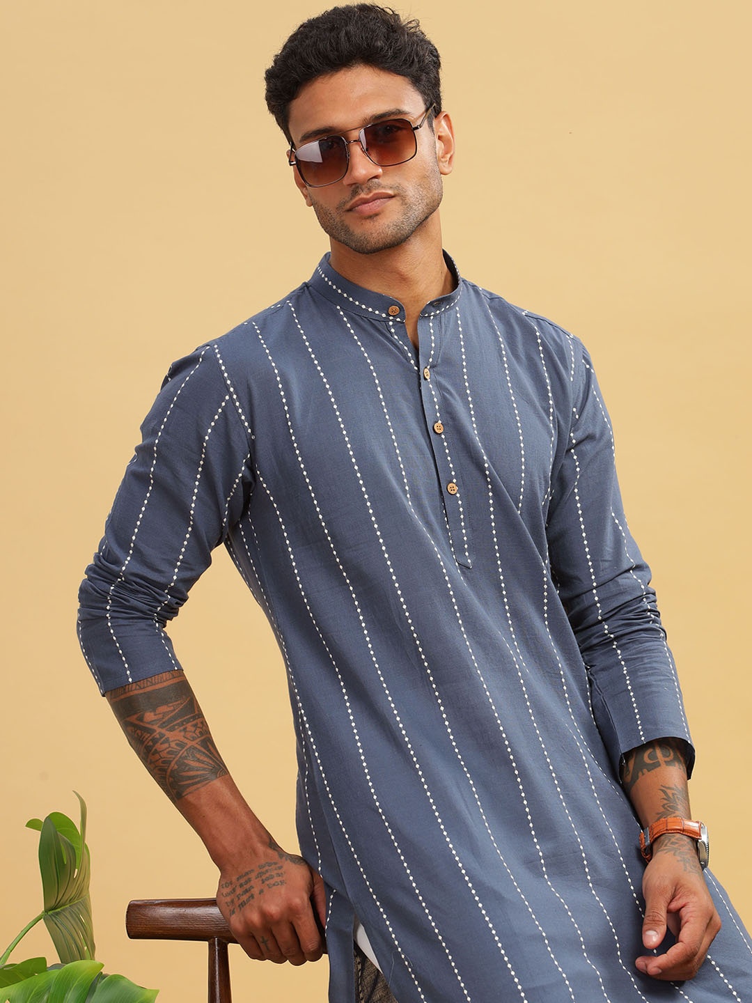 

Anouk Blue Striped Band Collar Cotton Straight Kurta