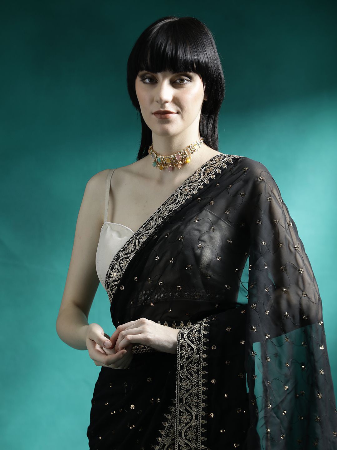 

Sangria Embroidery Belted Sarees With Blouse Piece, Black