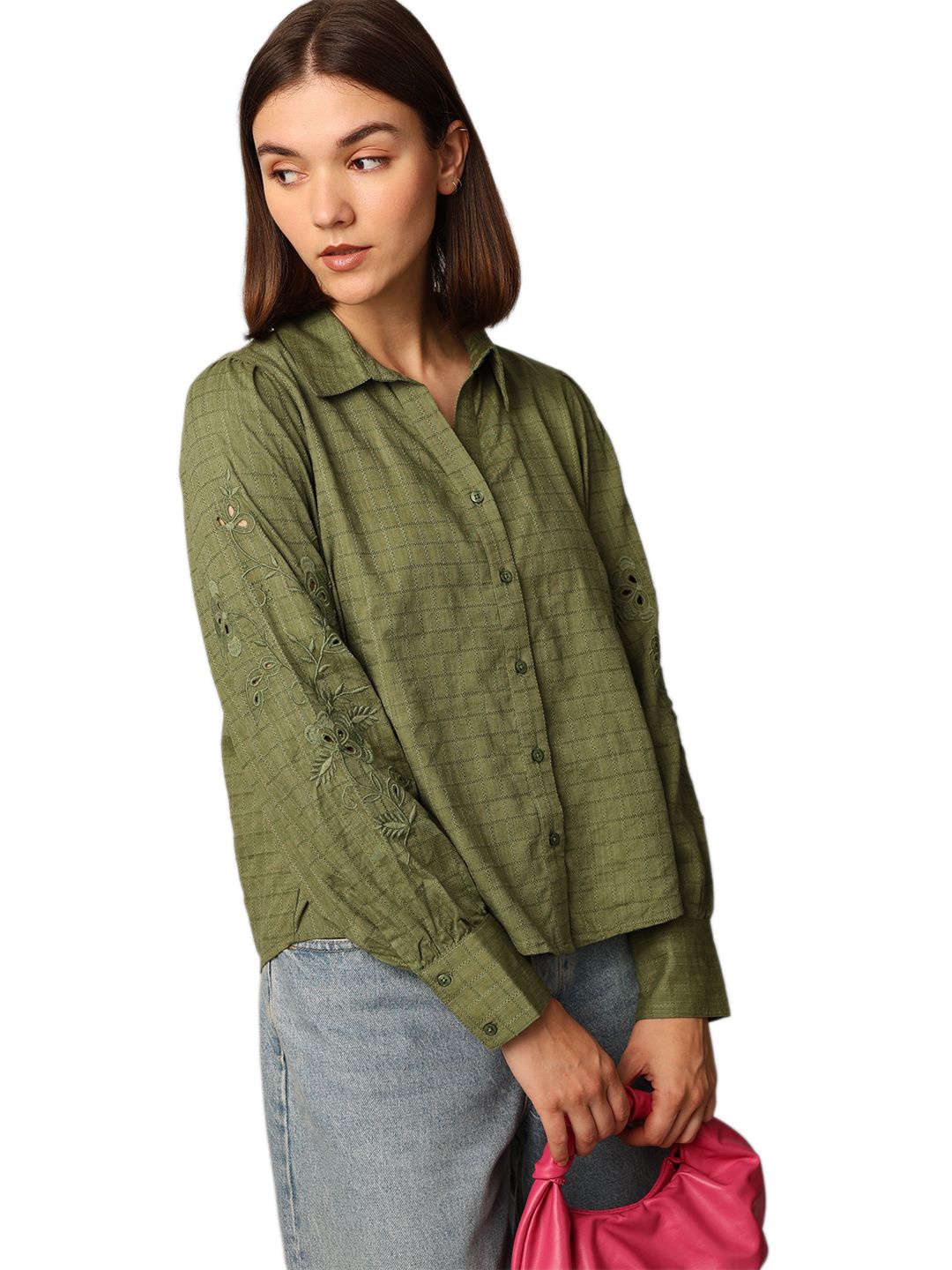 

ONLY Women Spread Collar Textured Cotton Casual Shirt, Green