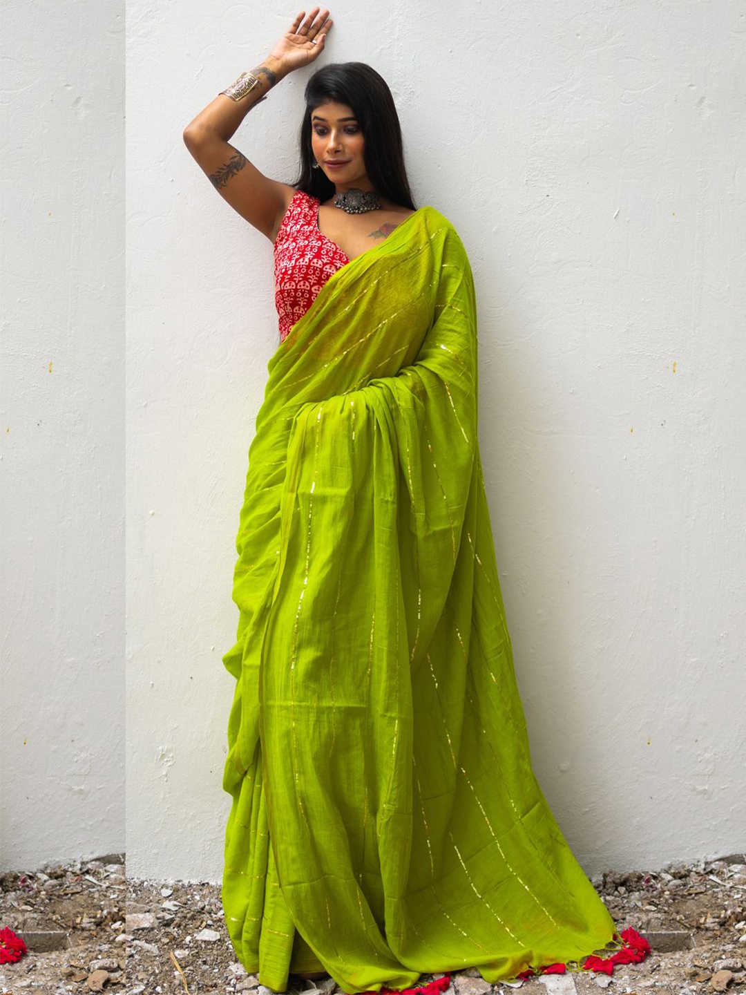 

Uttariya Striped Zari Pure Cotton Saree, Lime green