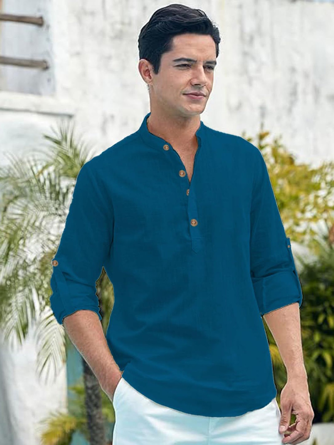 

Vida Loca Band Collar Pure Cotton Short Kurta, Blue