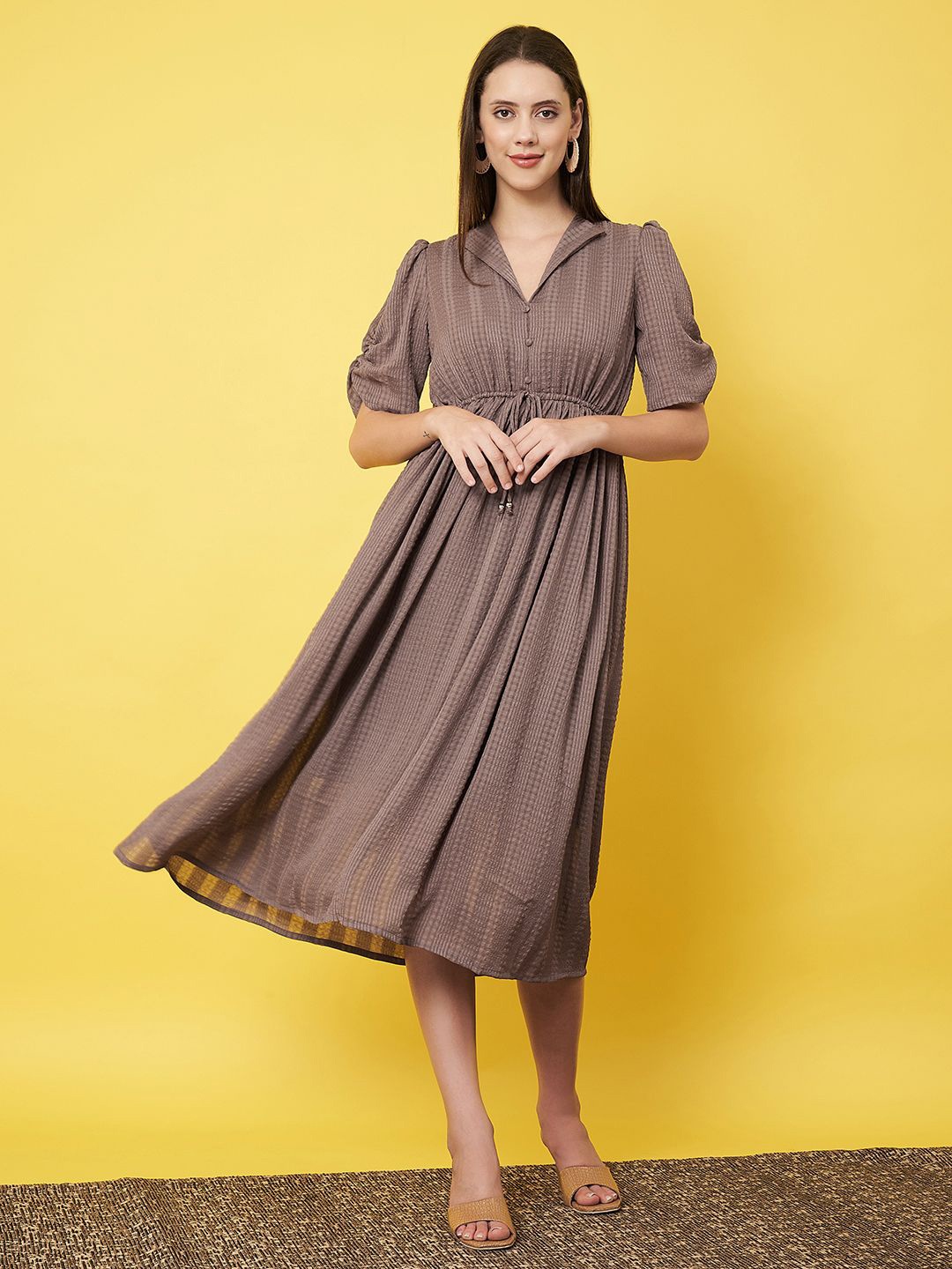 

Justin Whyte Solid Puff Sleeve Fit & Flare Midi Dress, Brown