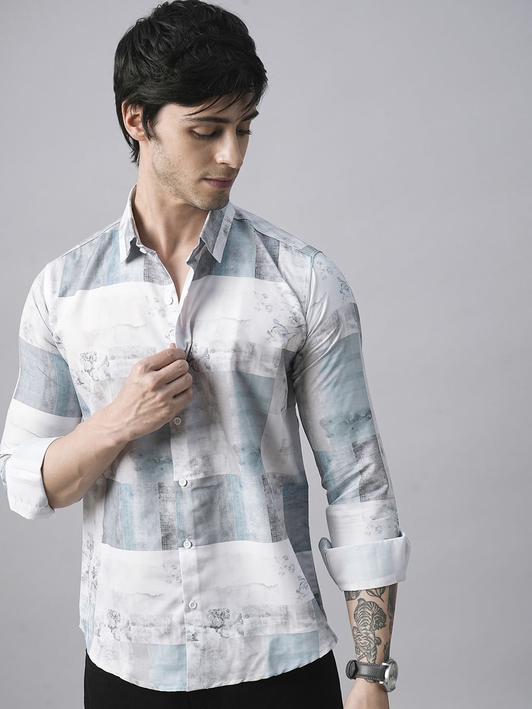 

TRYBUY.IN Men Standard Spread Collar Abstract Printed Cotton Casual Shirt, White