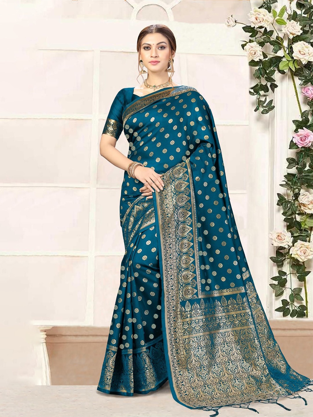 

Trendmalls Woven Design Zari Banarasi Saree, Teal