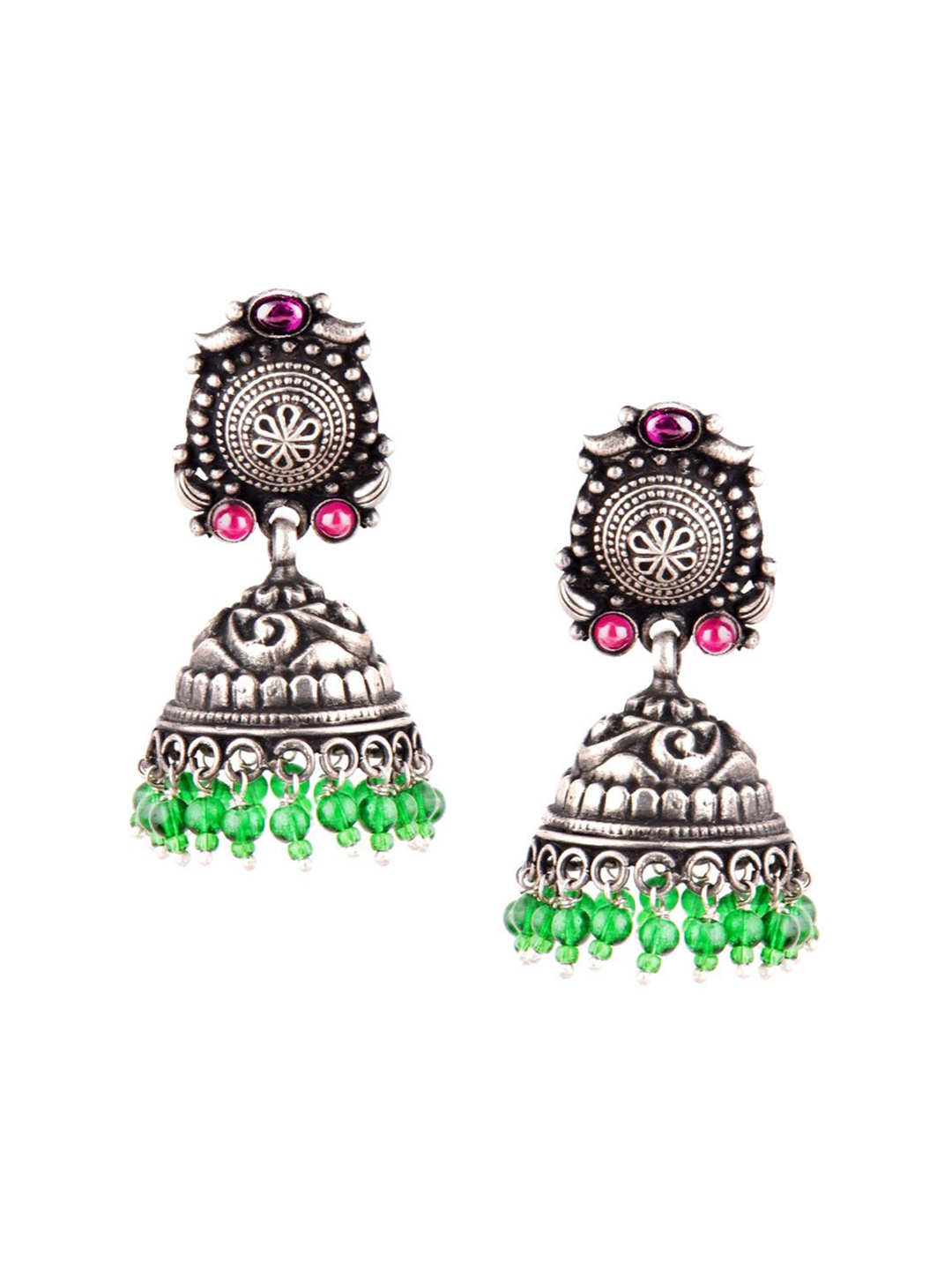 

Indianshelf 92.5 Sterling Silver Stone Studded & Beaded Done Shaped Jhumkas