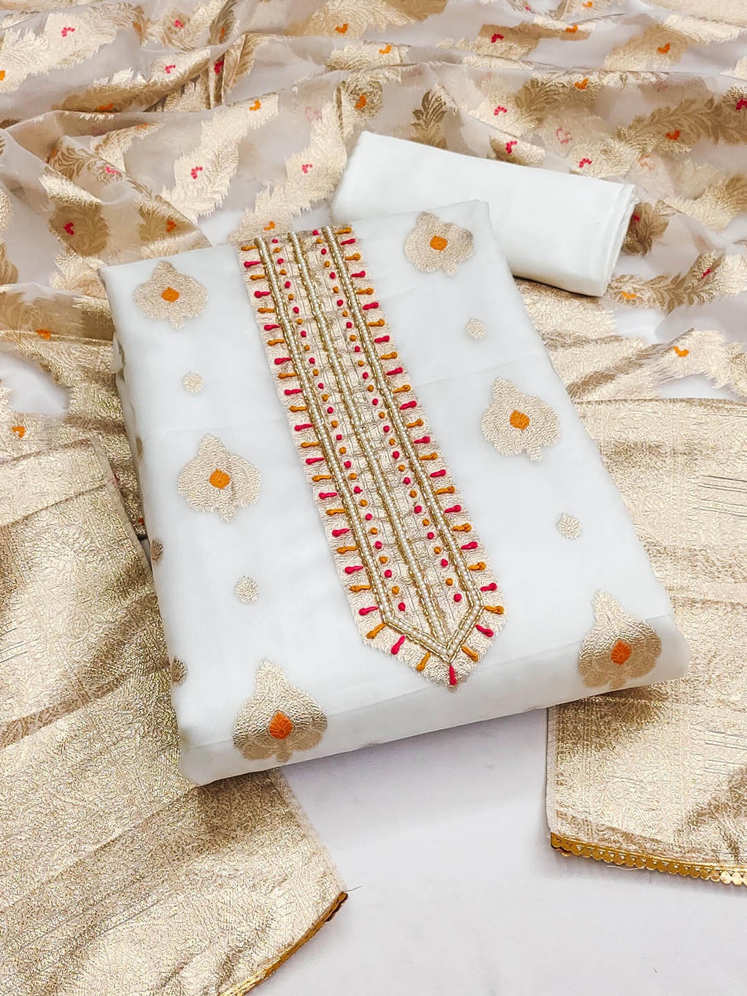 

Ishin Ethnic Motifs Zari Woven Design Organza Unstitched Dress Material, White