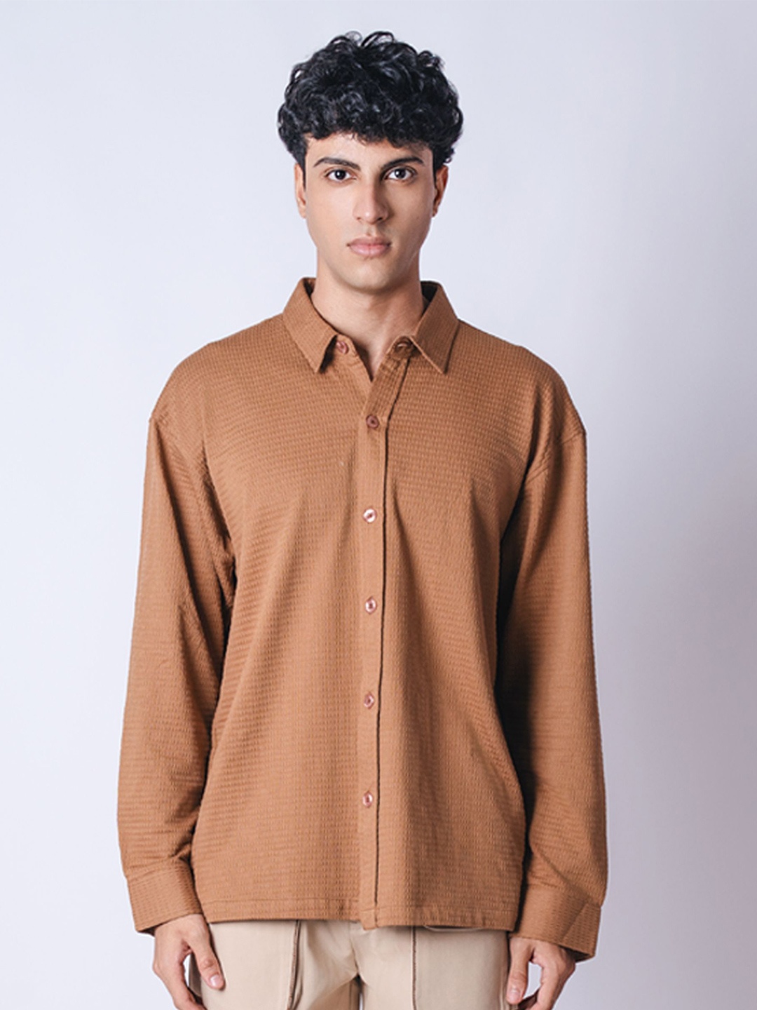 

HOP HEAD Unisex Spread Collar Textured Relaxed Fit Casual Shirt, Brown