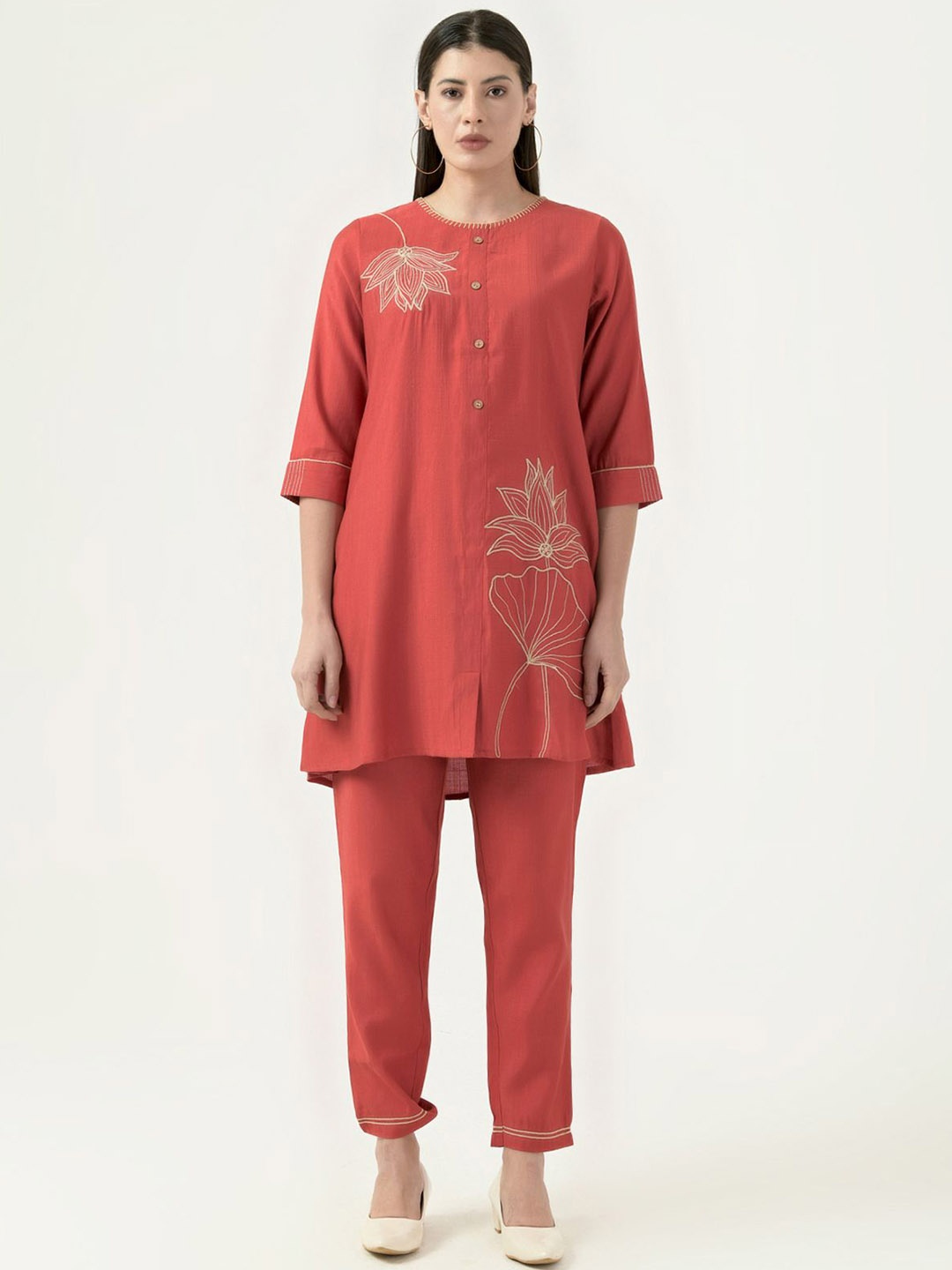 

Albion By CnM Embroidered Round Neck Pure Cotton Tunic With Trousers, Red