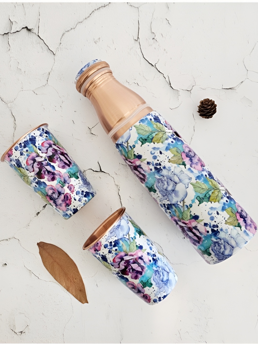 

BLANK SLATE HOME Iris Bloom White 3 Pieces Printed Copper Water Bottle With Glasses 900ml