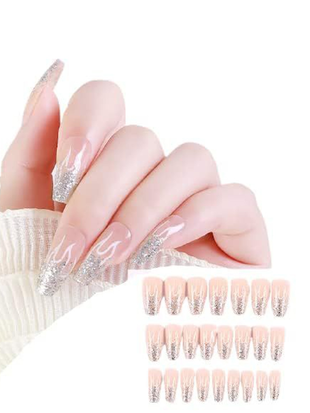 

Coslifestore 24-Pcs Acrylic Gel Artificial Press On Nails with Glitter Design, Nude