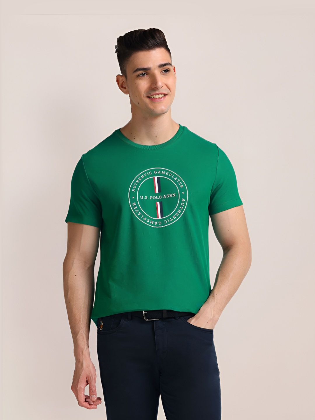 

U.S. Polo Assn. Men Solid Round Neck Cotton Slim Fit T-shirt, Green