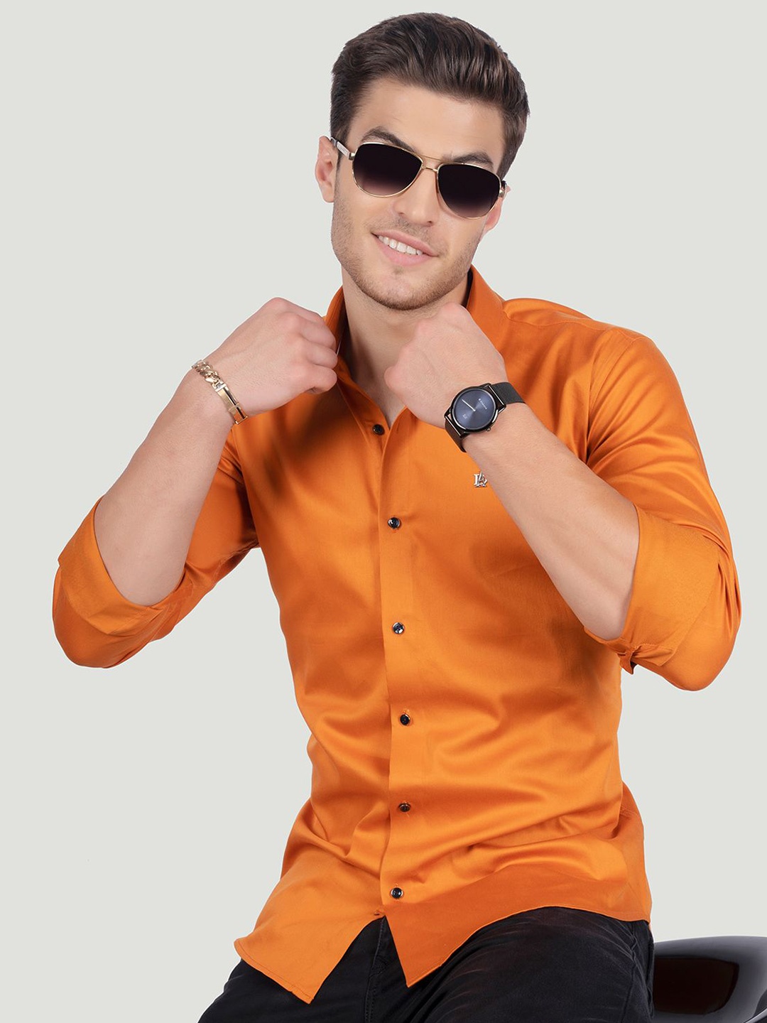 

ALMATY Men Comfort Spread Collar Solid Cotton Slim Fit Party Shirt, Orange
