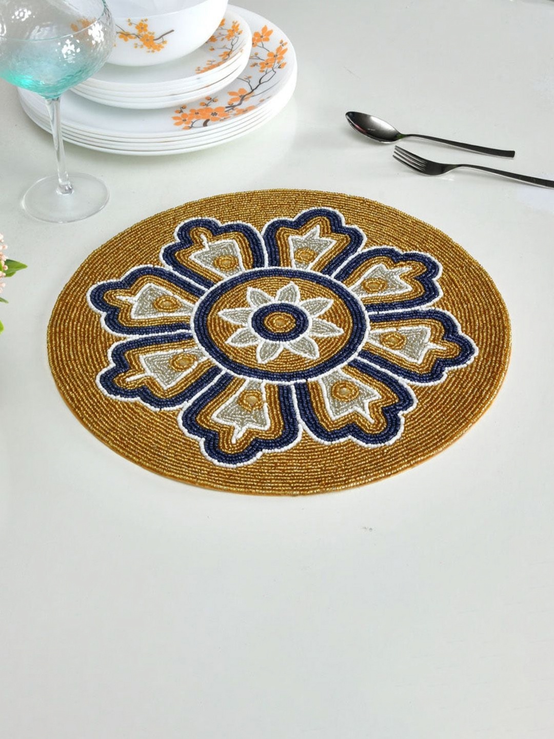 

Athome by Nilkamal Brown & Blue Floral Embellished Beaded Table Placemat