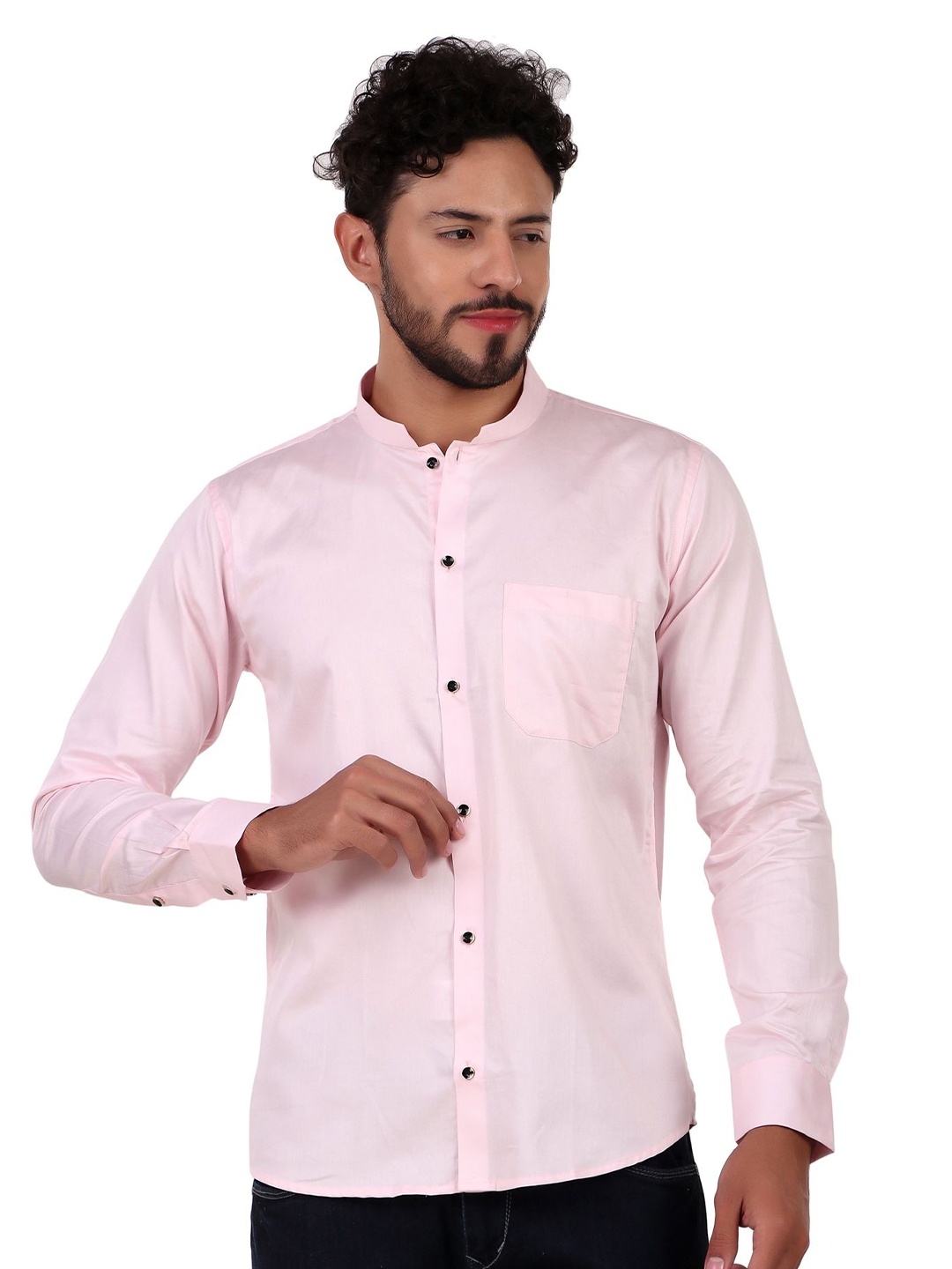 

DESIGN UP Men Radon Slim Fit Mandarin Collar Cotton Shirt, Pink